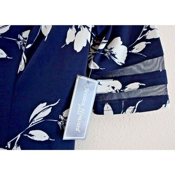 Jessica Howard Women's Petite Sz 4 Navy Floral Print Mesh Trimmed Dress $99 - Picture 6 of 16